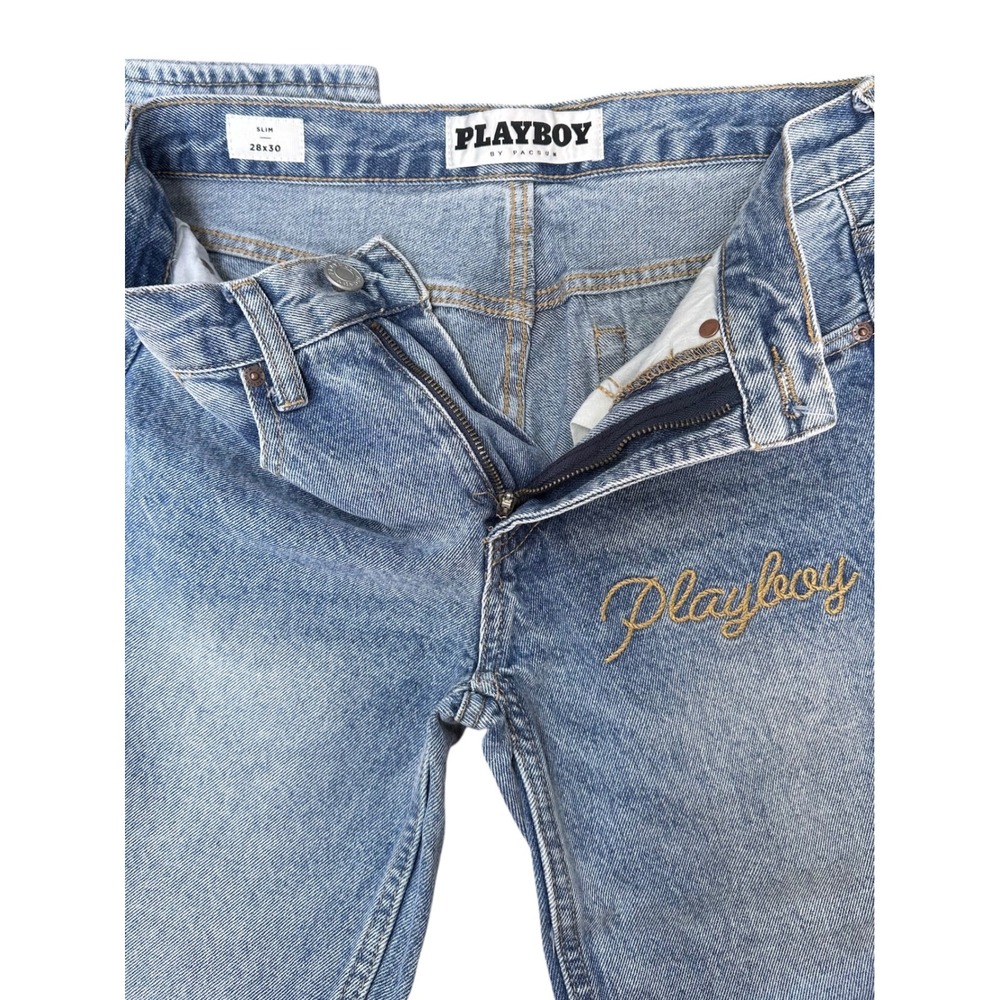 Playboy by PacSun Mens Slim Taper Rigid Jeans Medium Wash Blue 28x30 Embroidered - Picture 7 of 11